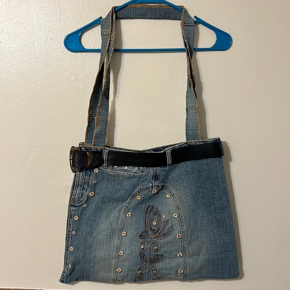 Bags | Upcycled Denim Bedazzled Stud Jean Bag With Removable Belt ...